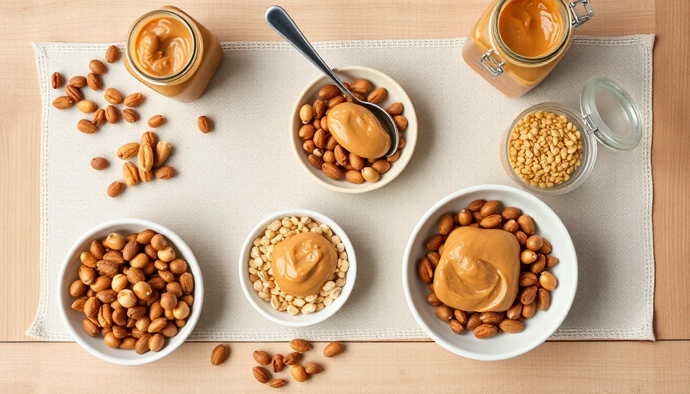 An overhead view of assorted nuts and grains in bowls with a spoon on a neutral background.