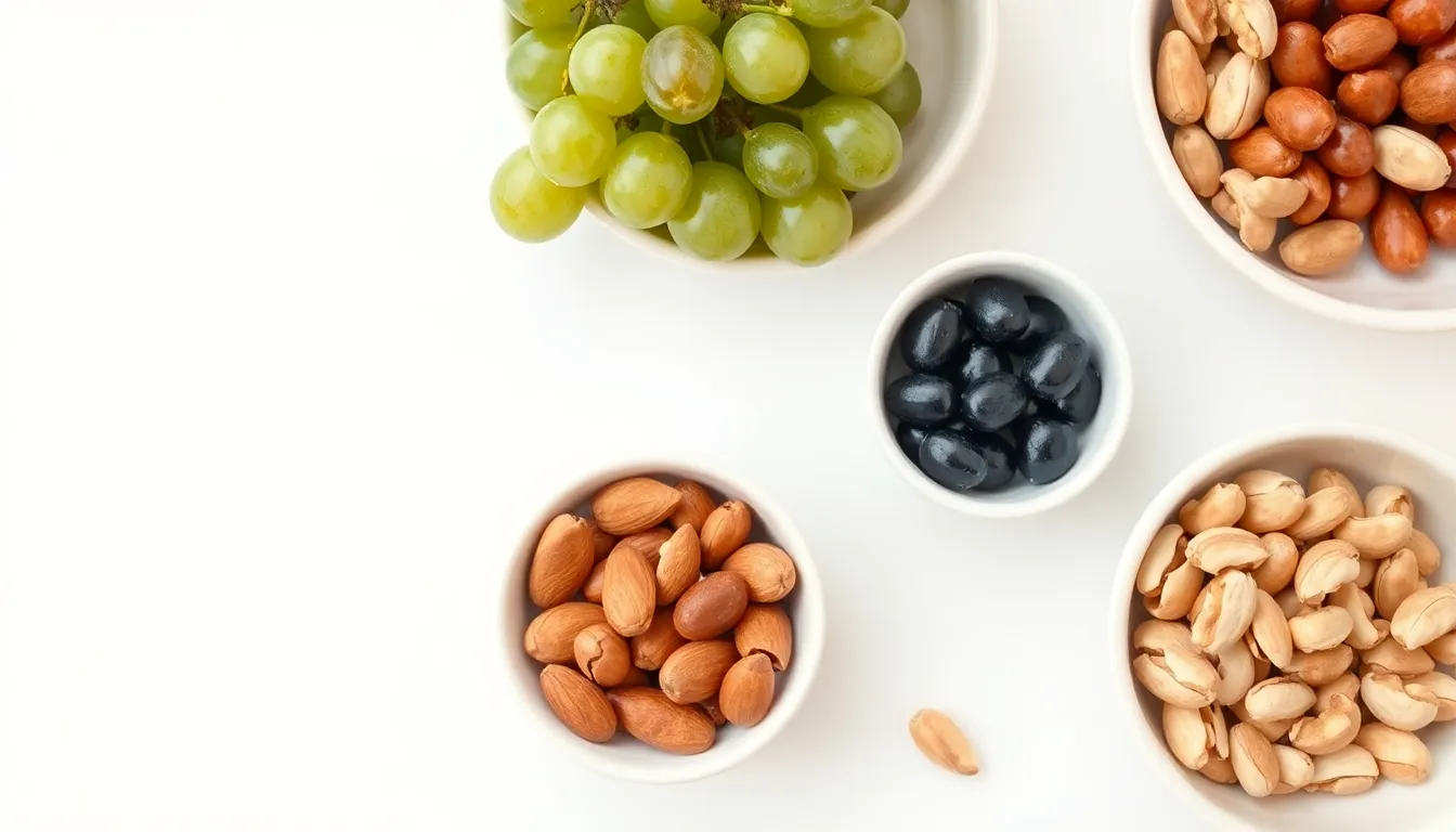 Aesthetic arrangement of bowls with grapes, almonds, cashews, and pistachios on white background.