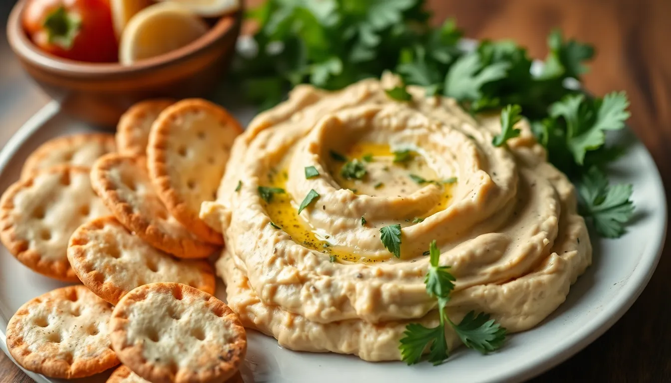 A close-up of homemade hummus dip garnished with herbs, served with crackers. Perfect for vegan snacks.