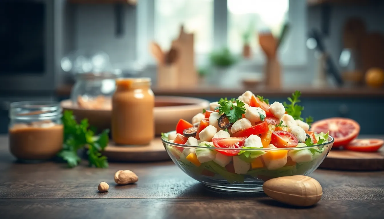 Bright seafood salad with fresh ingredients, captured in a modern food photography setting.