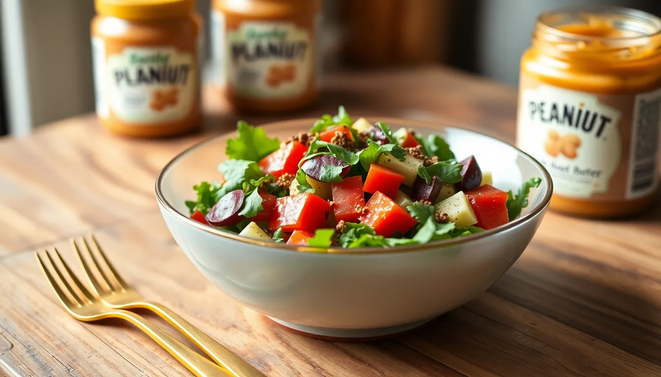 Delicious fresh salad with sauce in artistic bowl accompanied by gold cutlery.