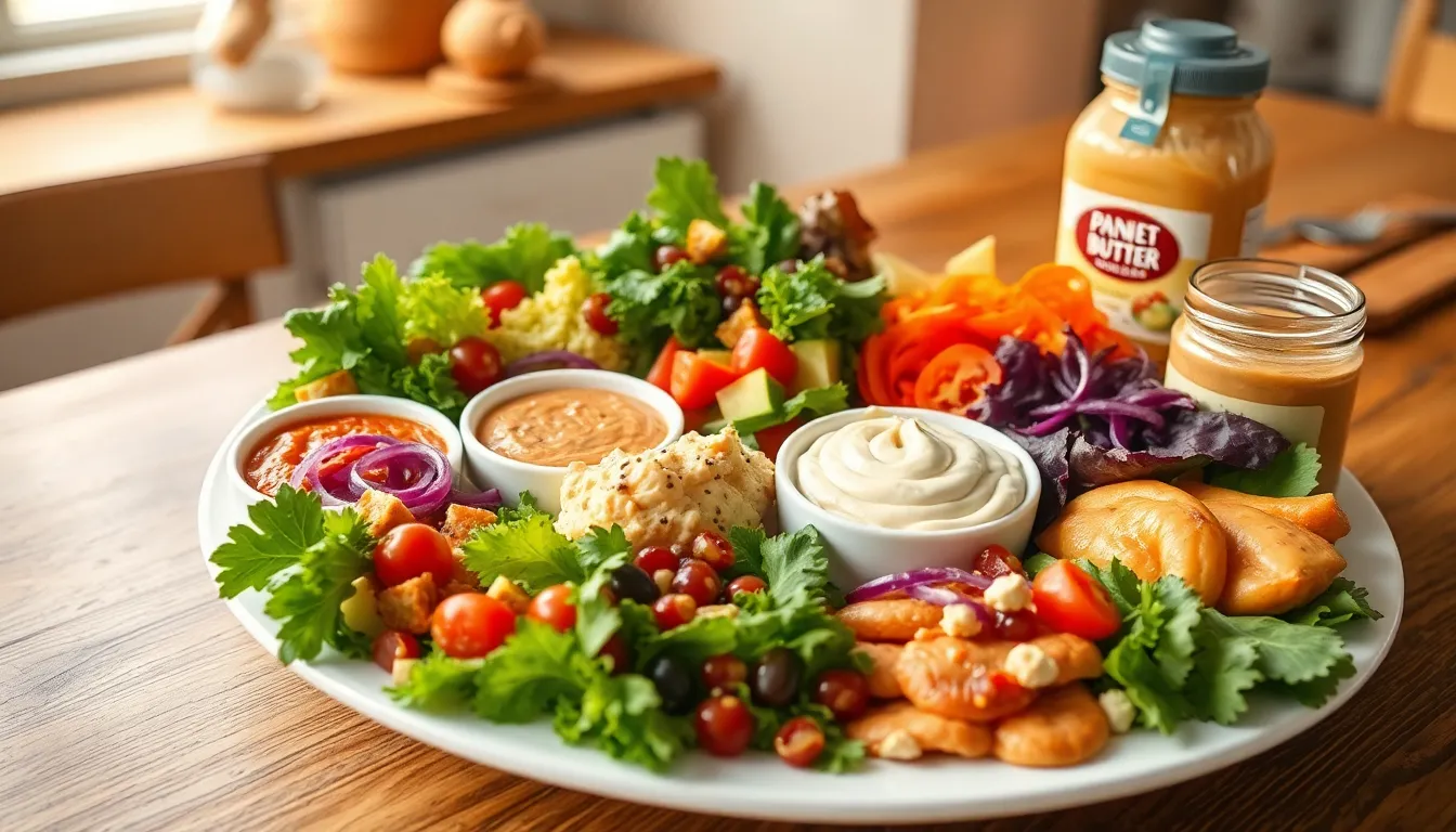 A vibrant assortment of salads and dips elegantly presented on a white platter, perfect for health-conscious dining.