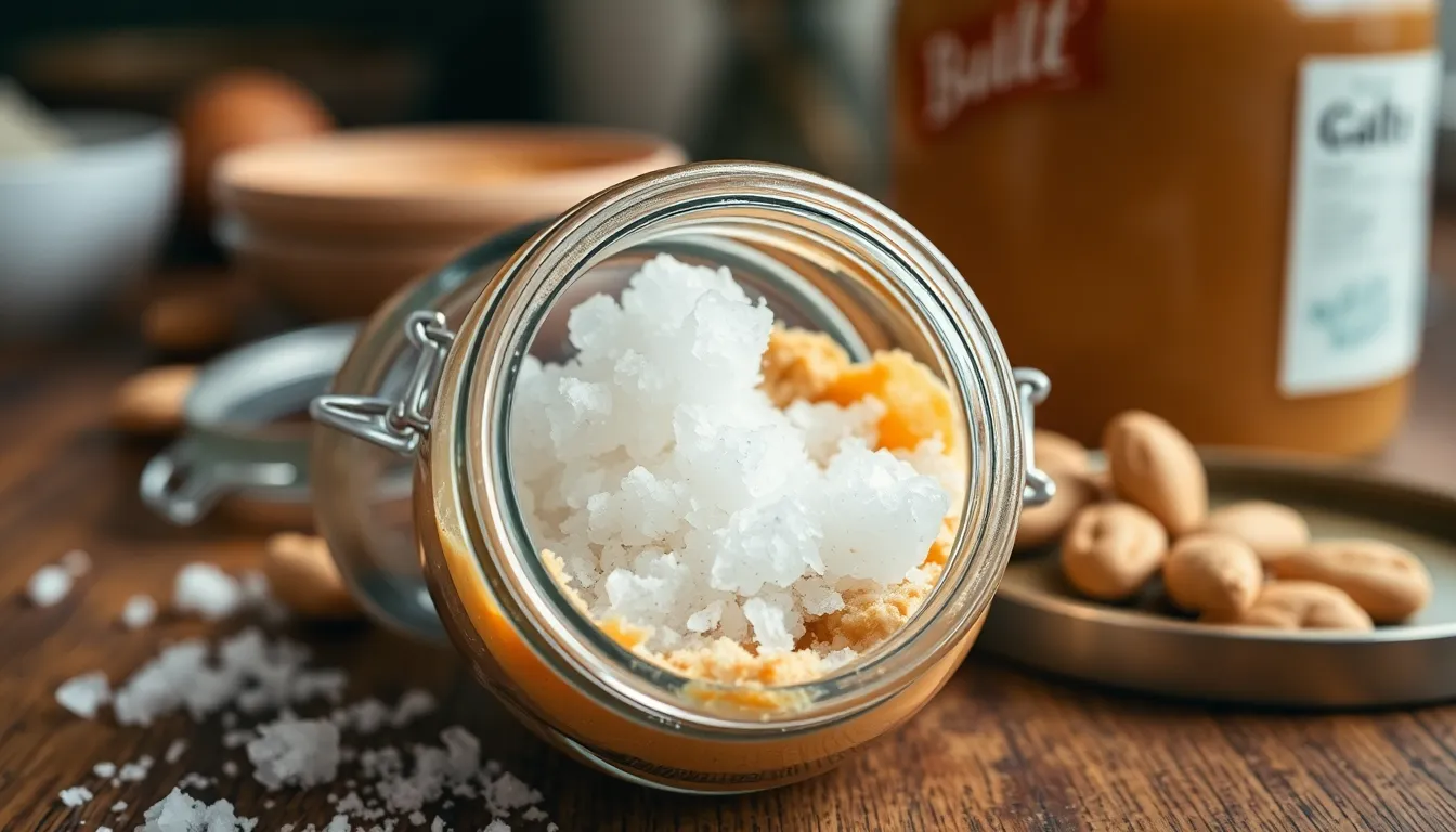 Close-up image of rock salt crystals inside an open glass jar, showcasing texture and clarity.