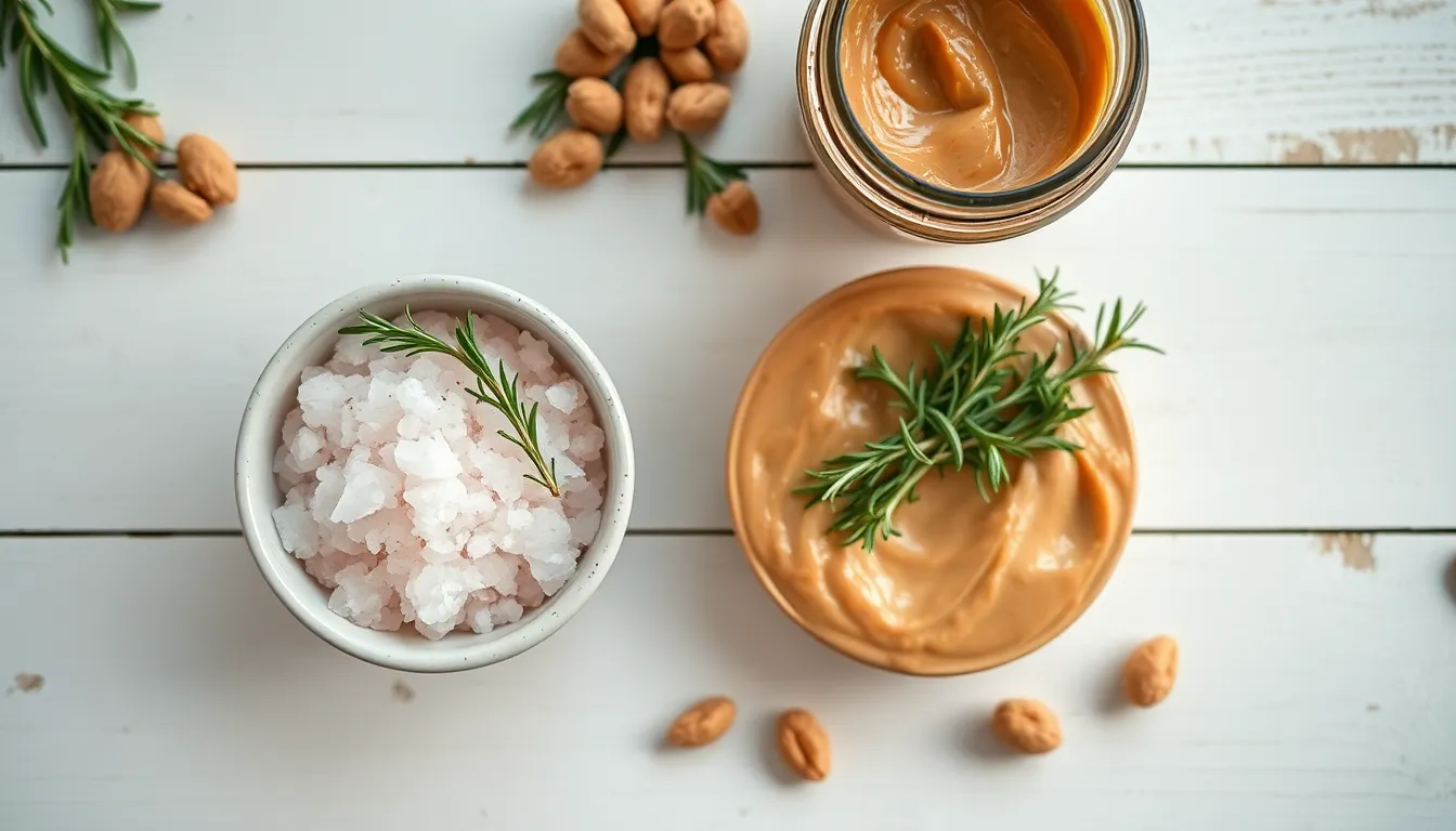 Top view of pink Himalayan salt and fresh rosemary in bowls on white table.