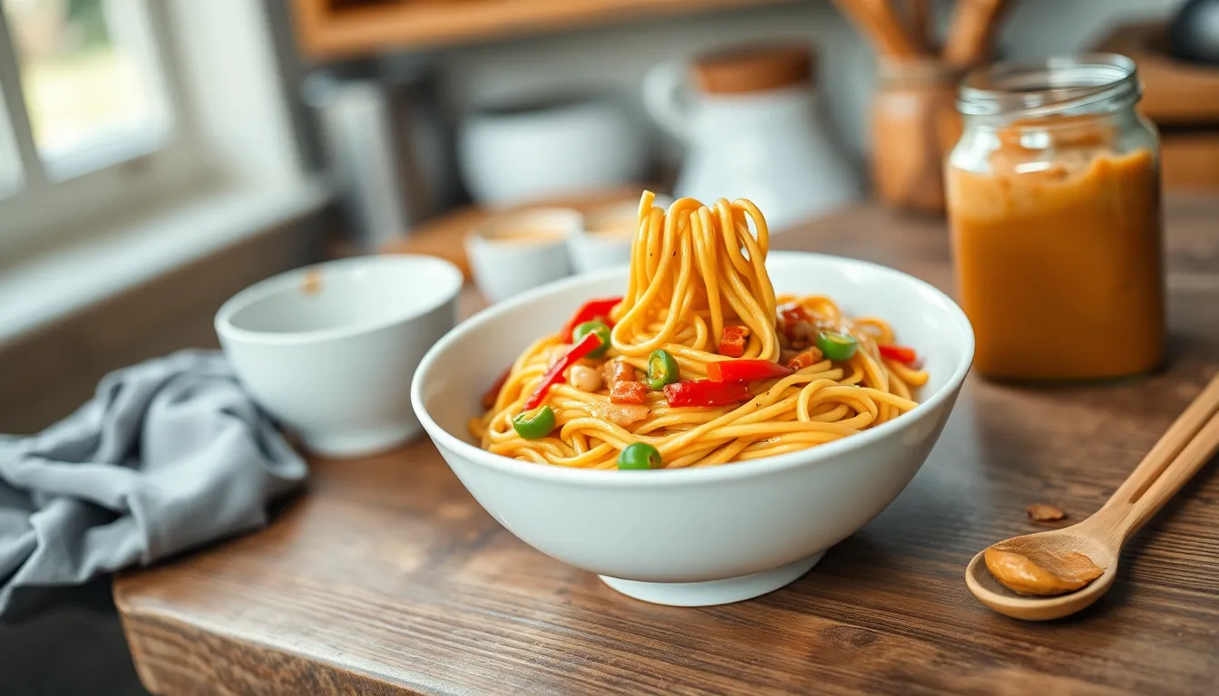 Asian noodles with sauce and vegetables served in a bowl.