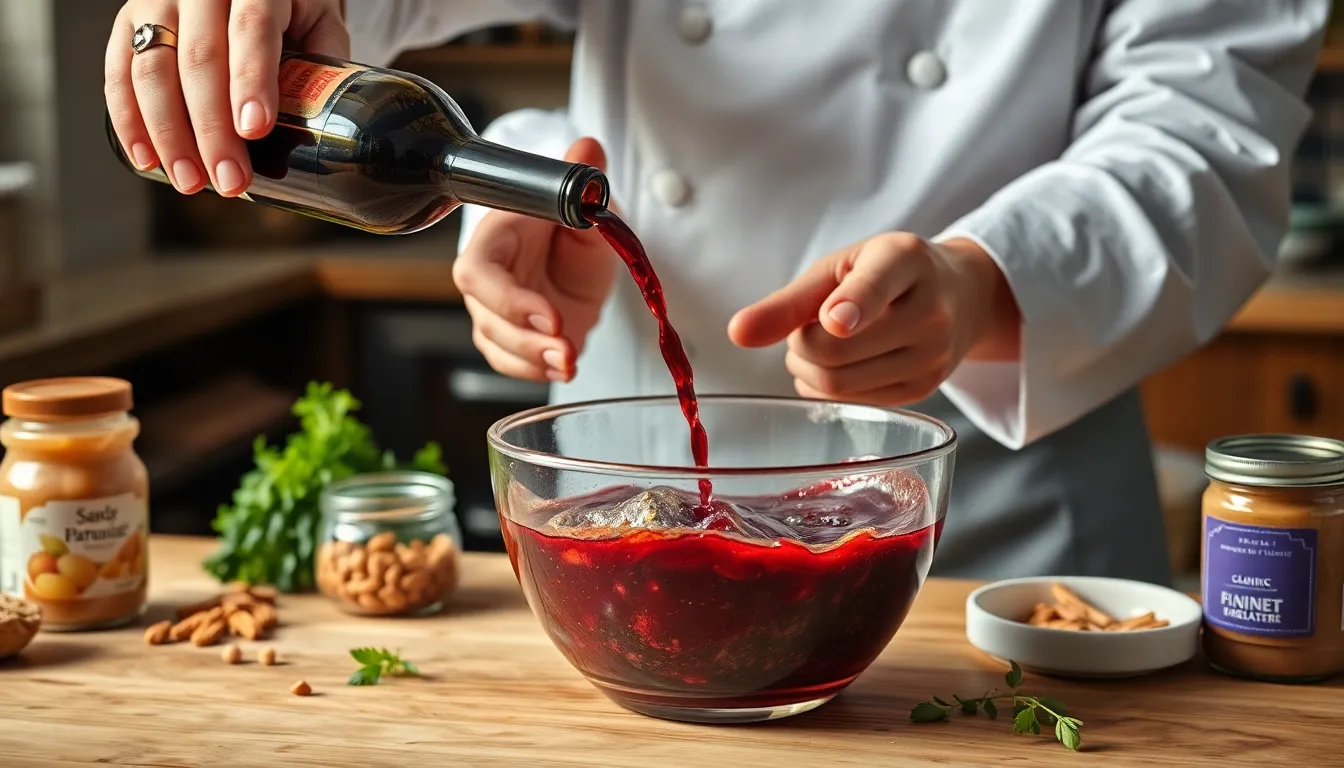 Chef pouring red wine into bowl with herbs and spices for marinade preparation.