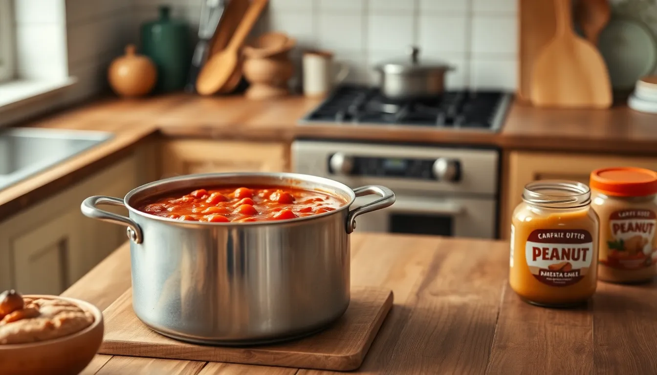 A large pot filled with fresh tomato sauce is simmering on a kitchen counter with utensils nearby.