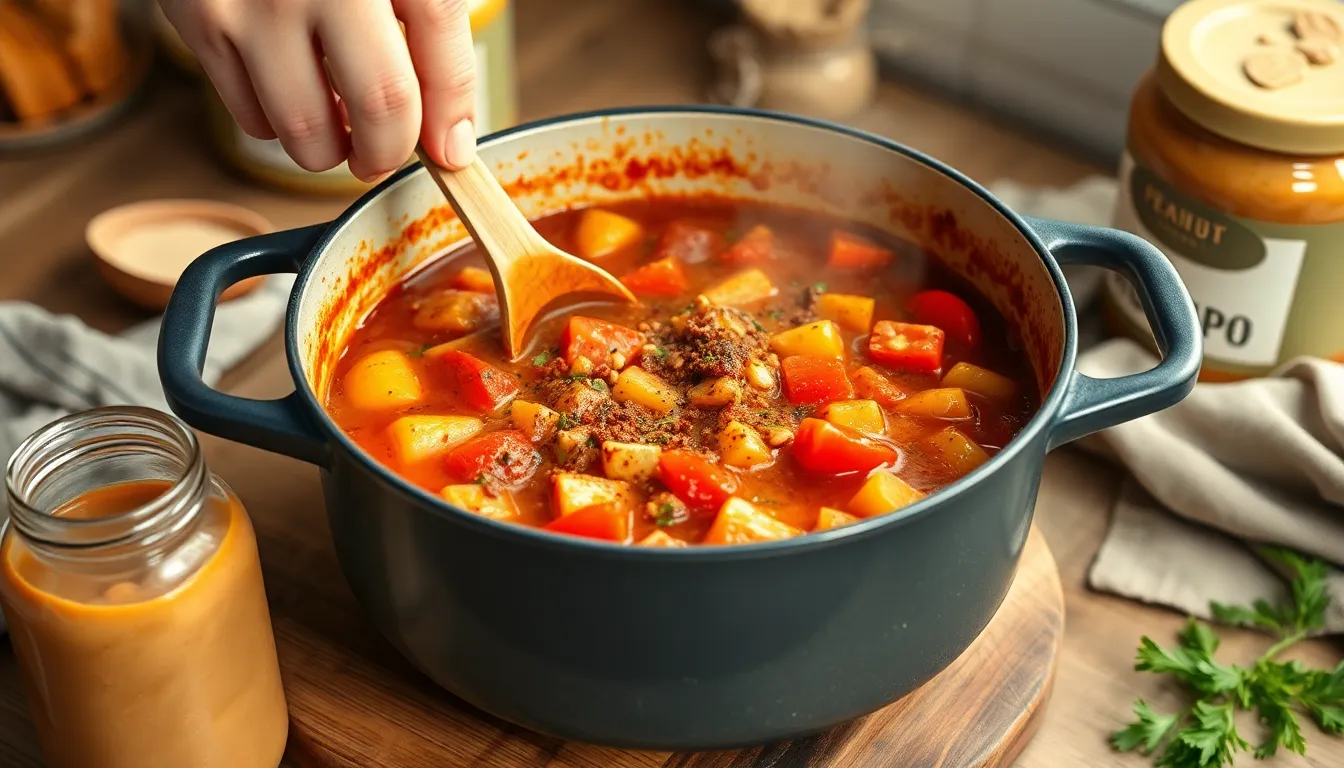 Freshly cooked vegetable stew with tomatoes and spices in a pot, stirred by hand.