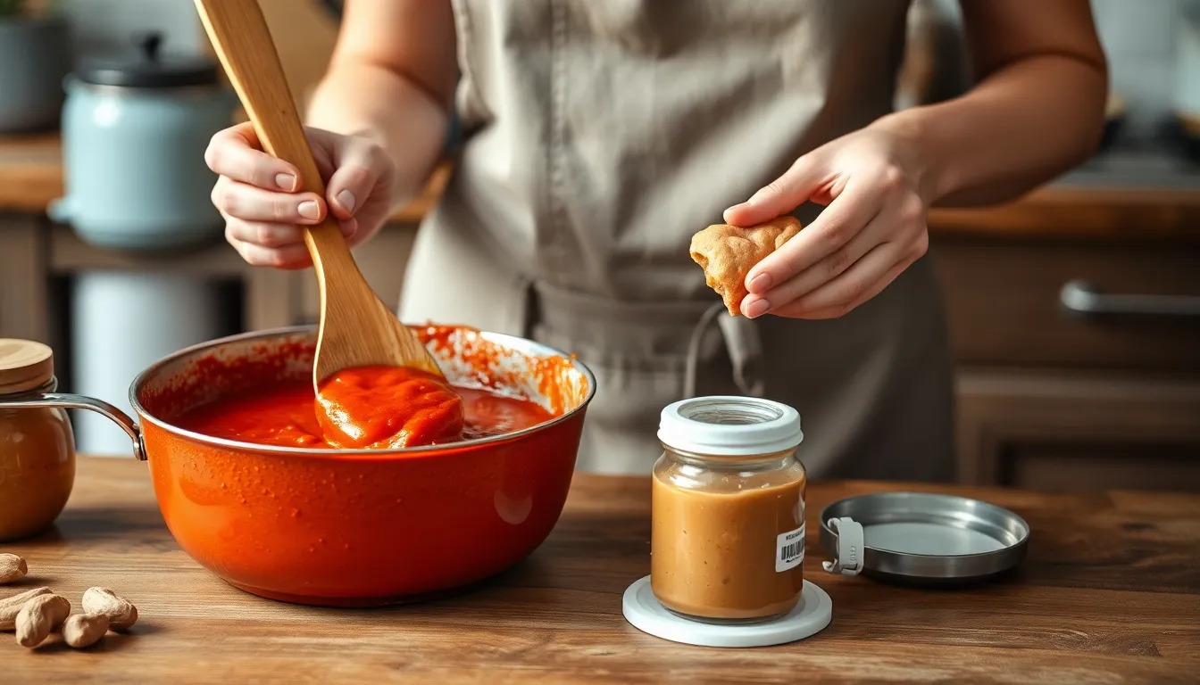 Close-up of a woman stirring a red sauce in a pan, wearing an apron. Perfect for cooking and culinary themes.