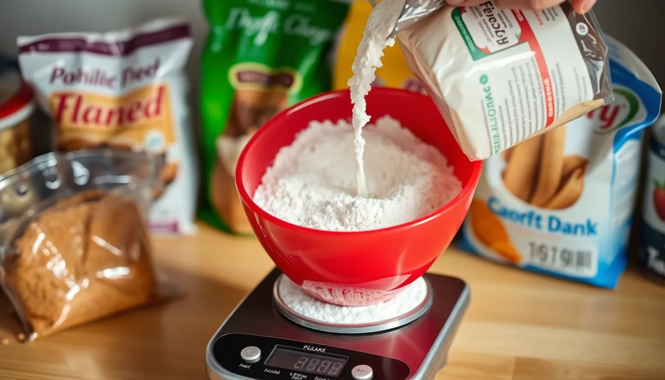 Pouring flour into a red bowl placed on a digital scale for measuring.