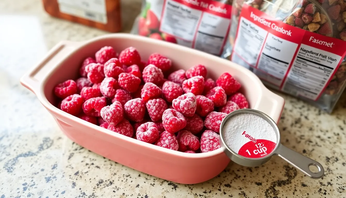 Frozen raspberries in dish on countertop with measuring cups showing 1 cup and 1/2 cup.