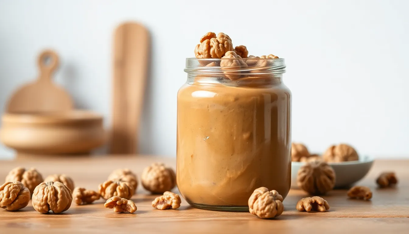 A clear glass jar filled with walnuts, isolated on a minimalist white background.