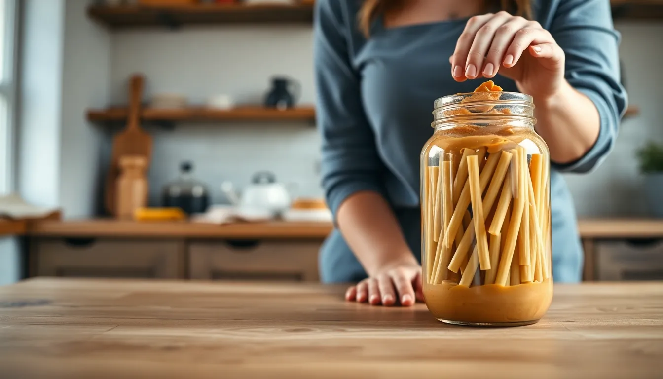 Crop anonymous female with transparent jar filled with pasta on wooden table in kitchen