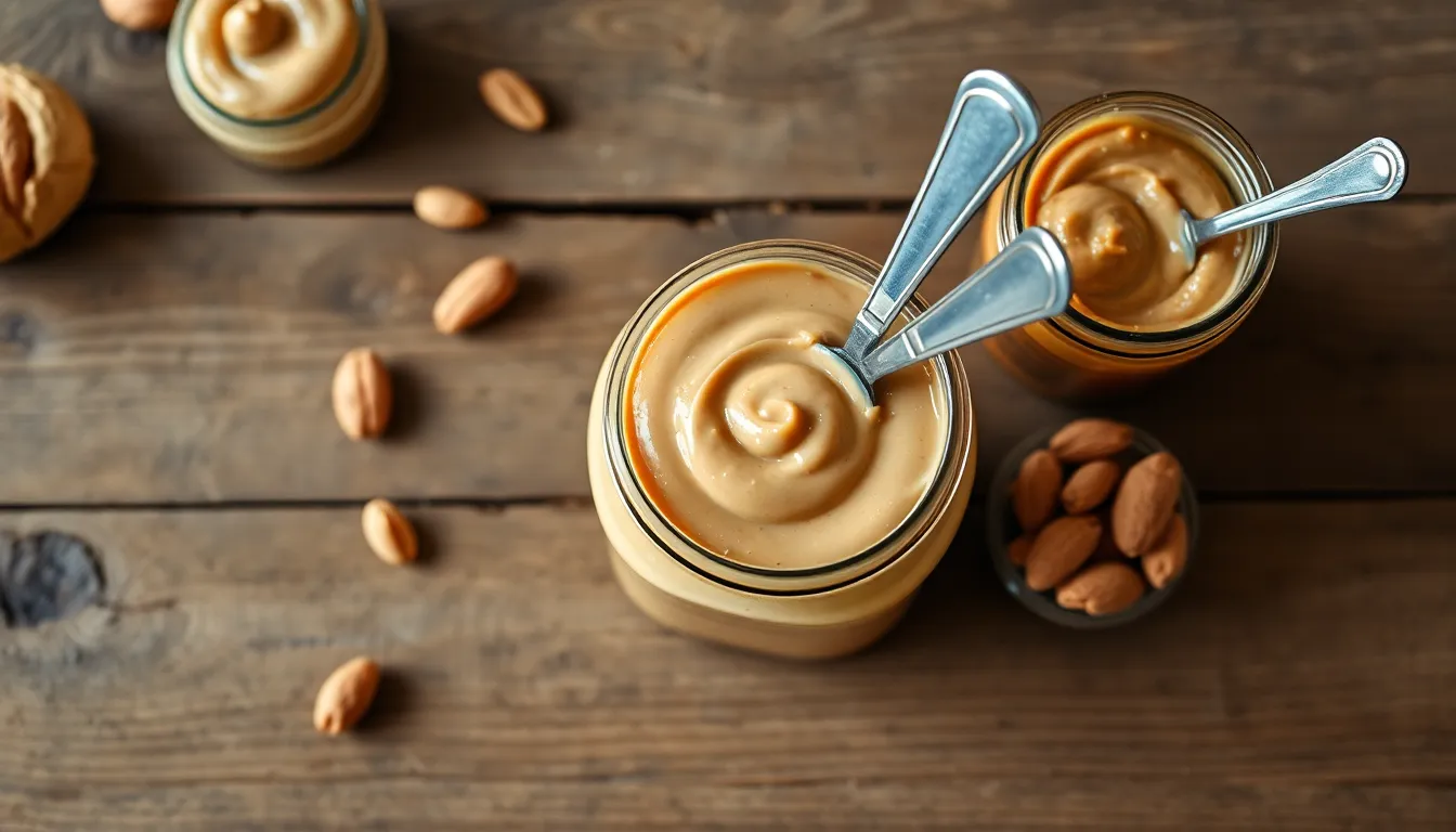 Peanut butter in a jar with a spatula, close up.