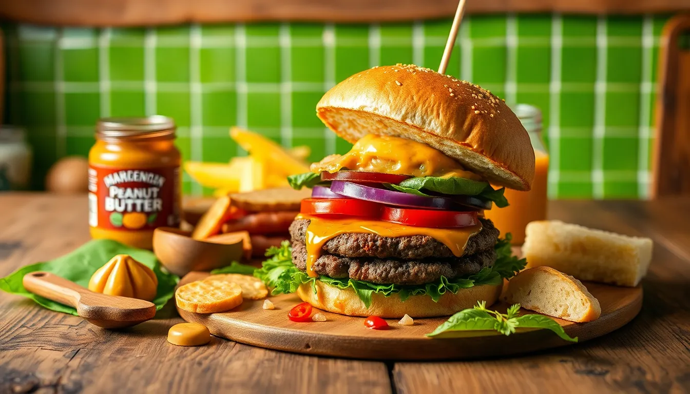 Artistic presentation of a deconstructed burger with various ingredients on a green backdrop.