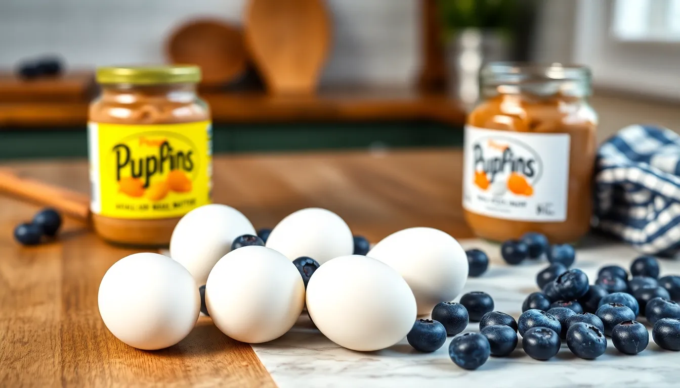 A spring-themed still life of quail eggs, white eggs, and blueberries on a marble surface.