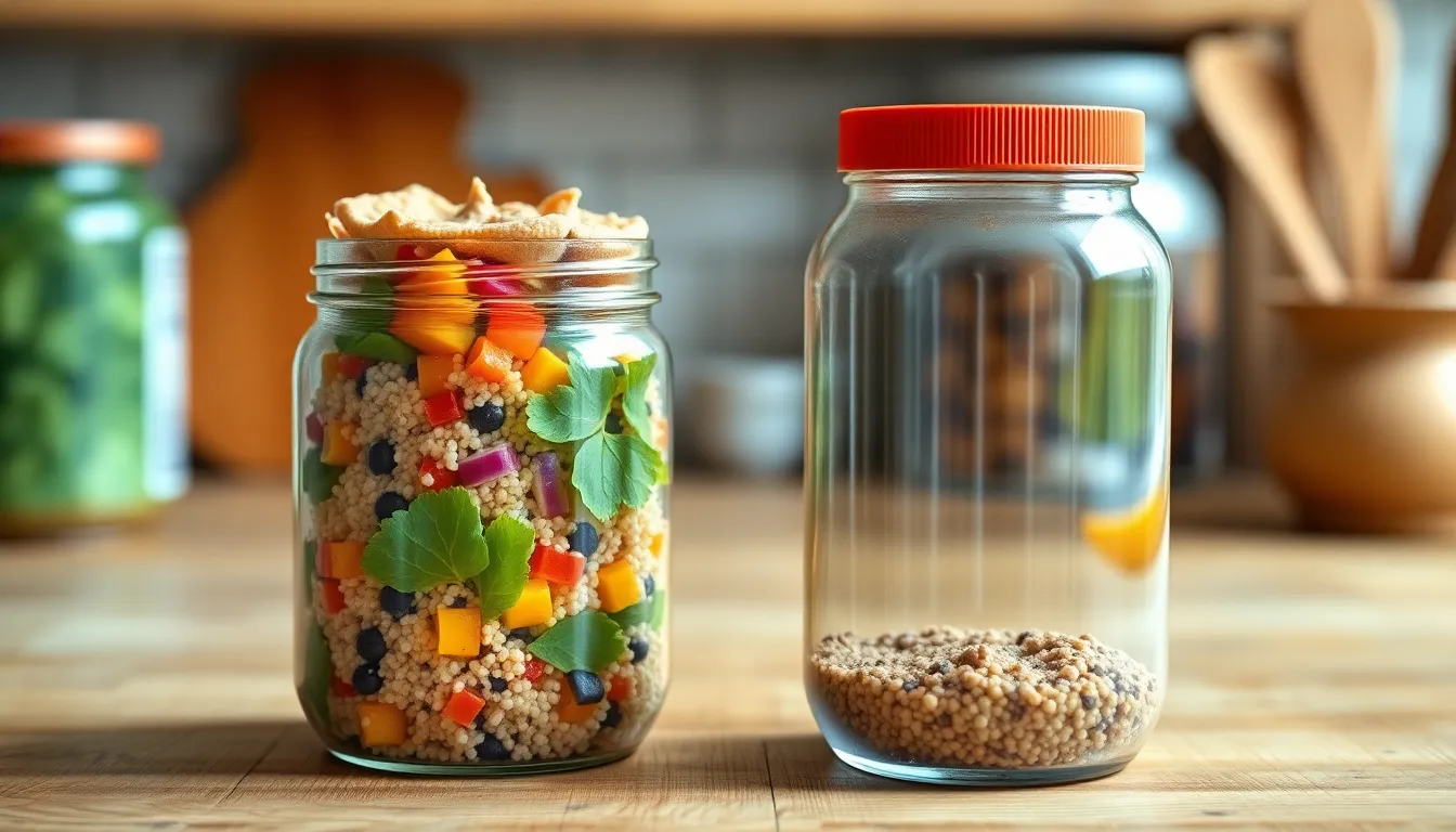Colorful quinoa salad jar with roasted veggies, ideal for healthy meal prep.
