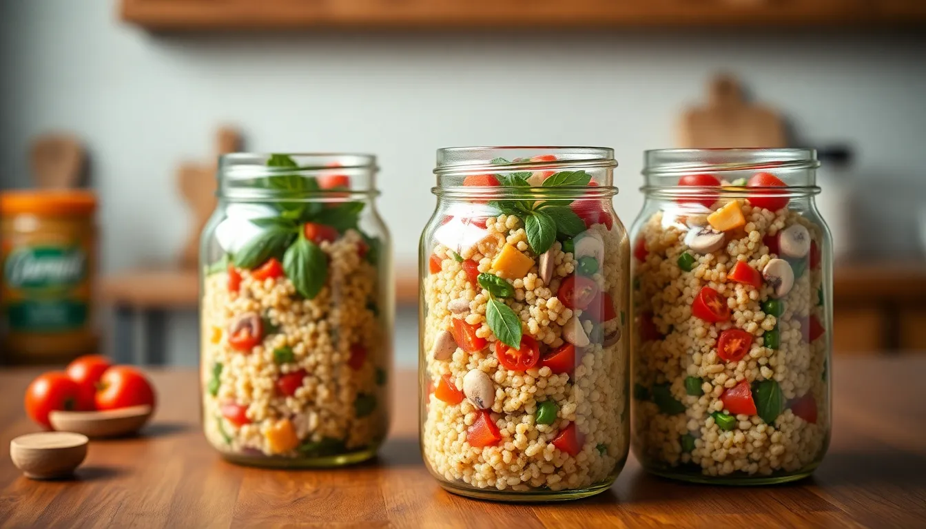Three jars of colorful quinoa salad with mushrooms and tomatoes, perfect for a healthy meal.