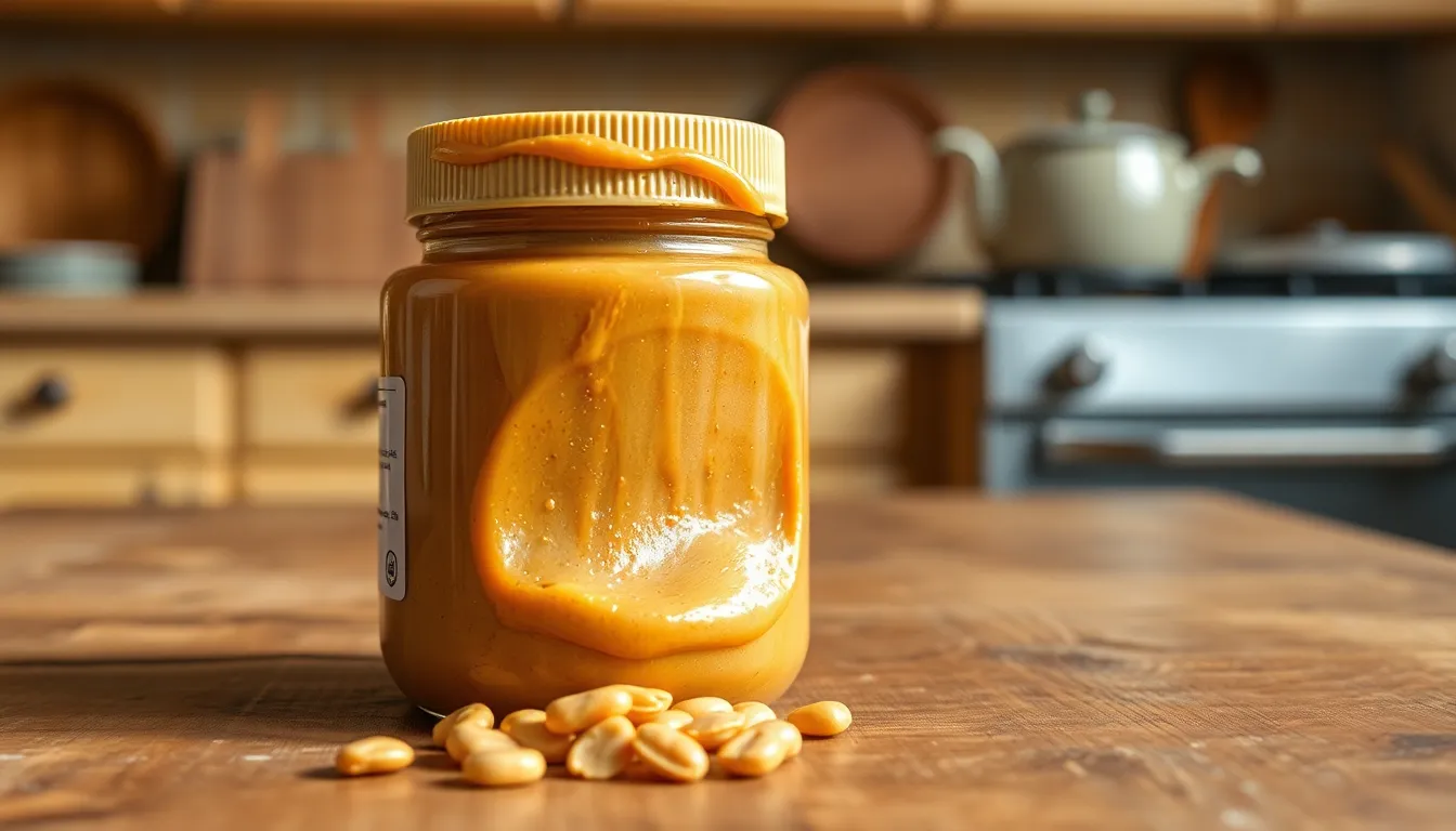 Peanut butter jar open showing texture and color for freshness check