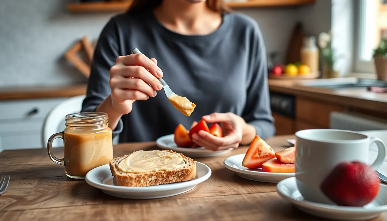 A young woman spreads butter on bread during breakfast with fruits and coffee.