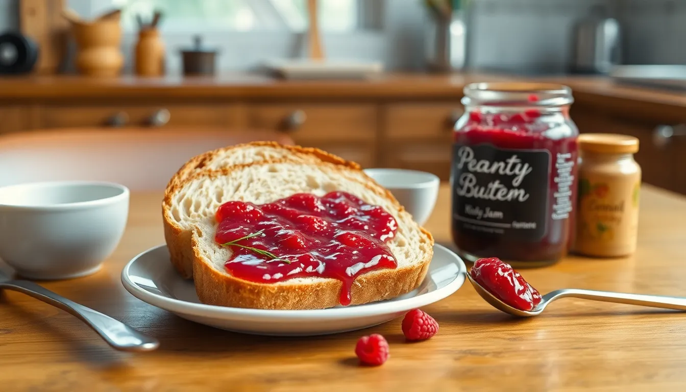 A cozy breakfast setting with fresh bread and raspberry jam being enjoyed indoors.