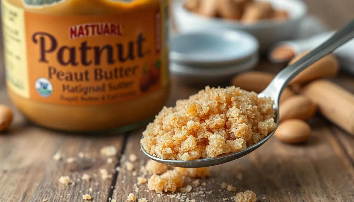 Detailed close-up of raw brown sugar on a metal spoon, perfect for food and cooking themes.