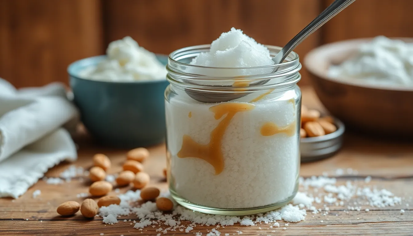 A close-up shot of white sugar in a glass jar, delicately scooped with a spoon. Ideal for food concepts.