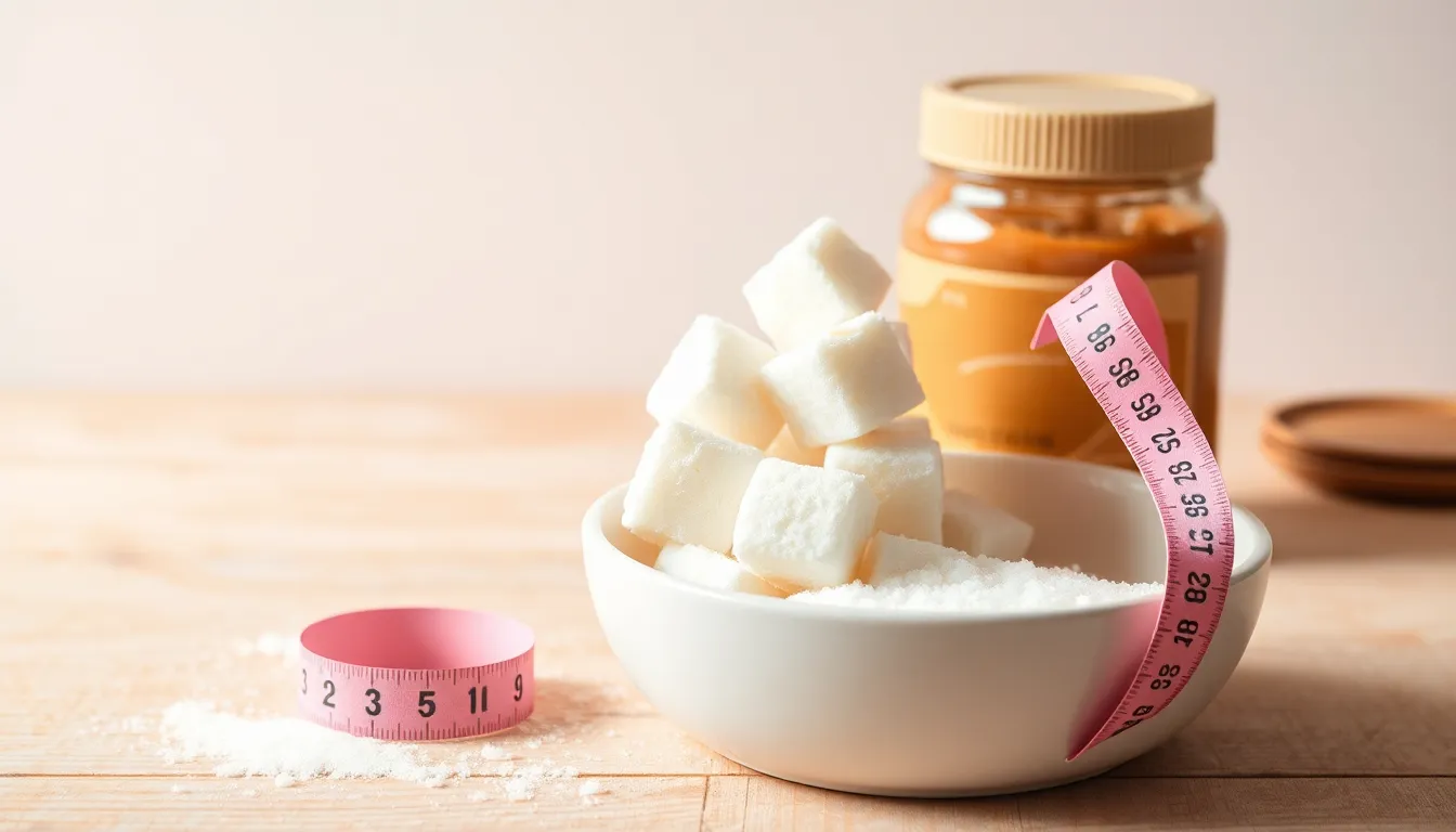 Aesthetic still life of sugar cubes in a bowl with a pink measuring tape on a pastel background.