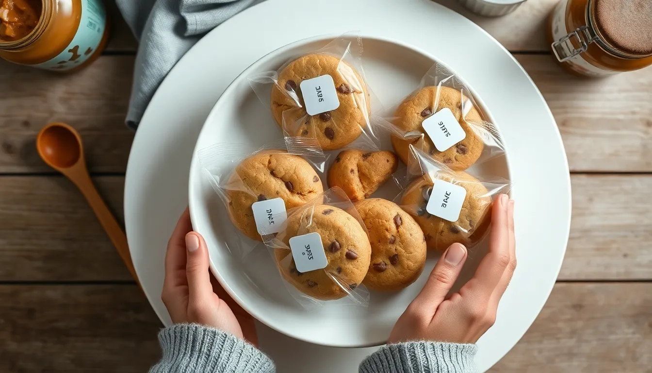 From above of crop anonymous person showing ceramic plate with delicious cookies in transparent packages with label on white surface