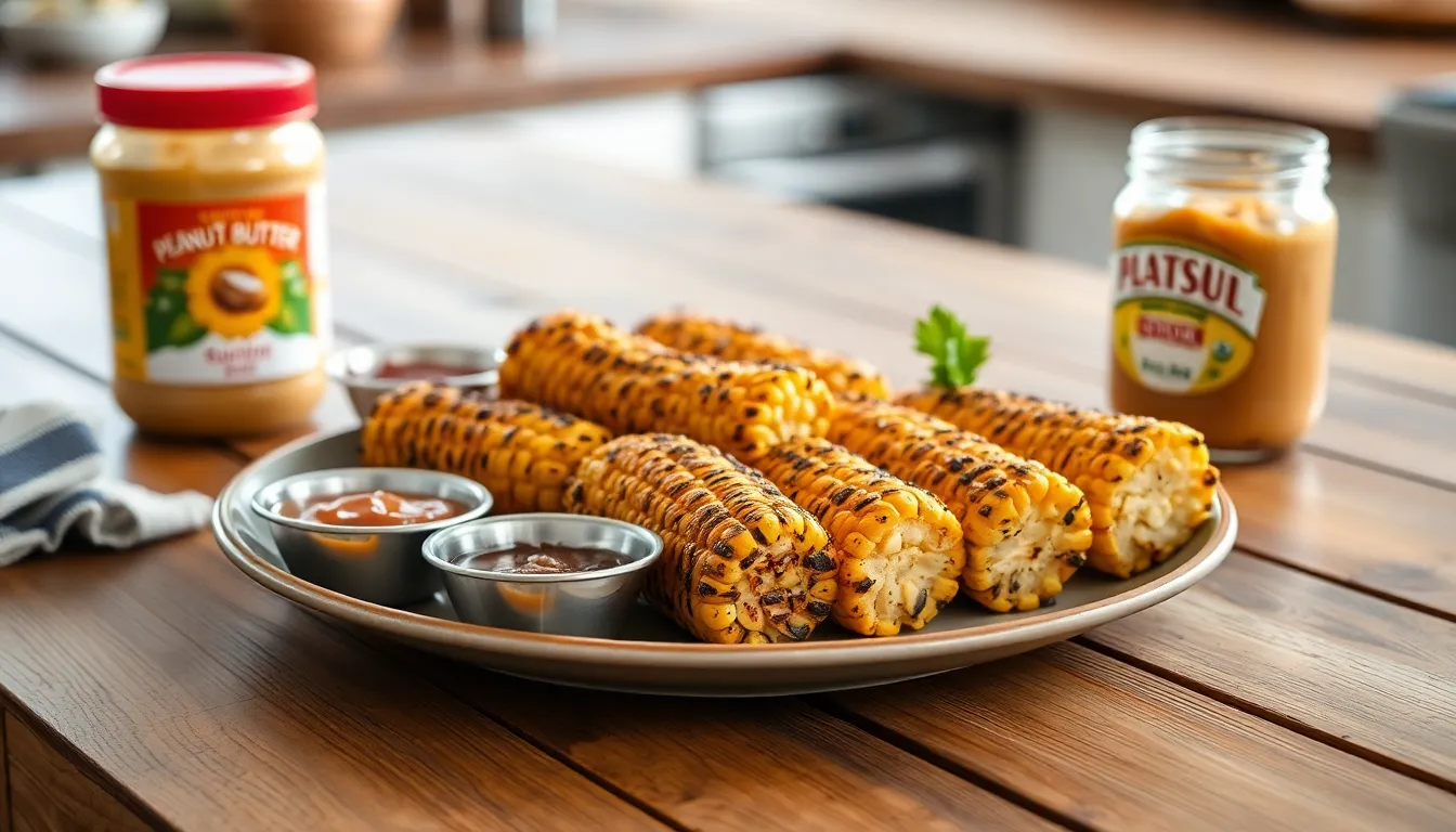 Grilled corn on a plate with sauces and a drink, perfect for a summer meal.