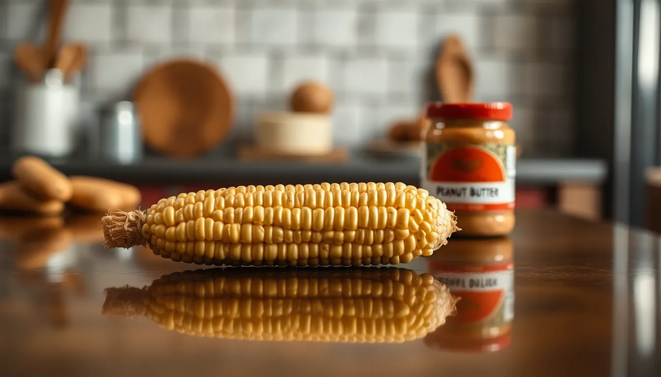 Artistic presentation of a single corn cob on a black reflective surface, highlighting texture and color contrast.