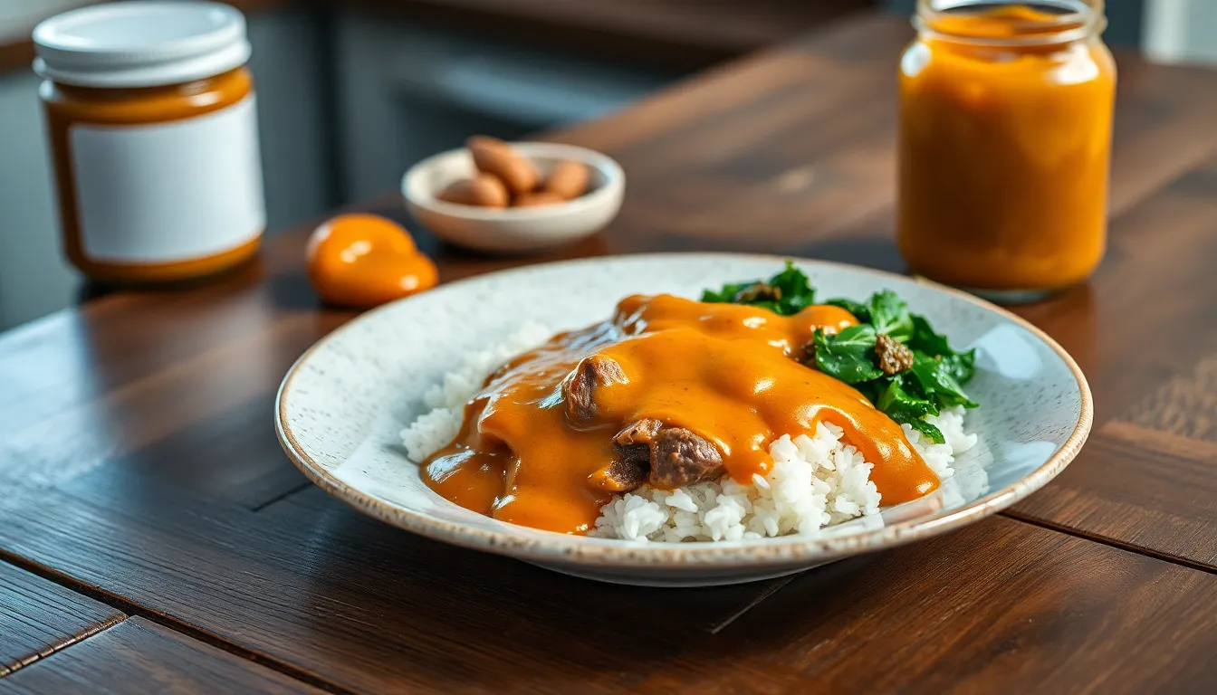 Delicious beef on rice with rich orange gravy and greens served on a speckled plate.