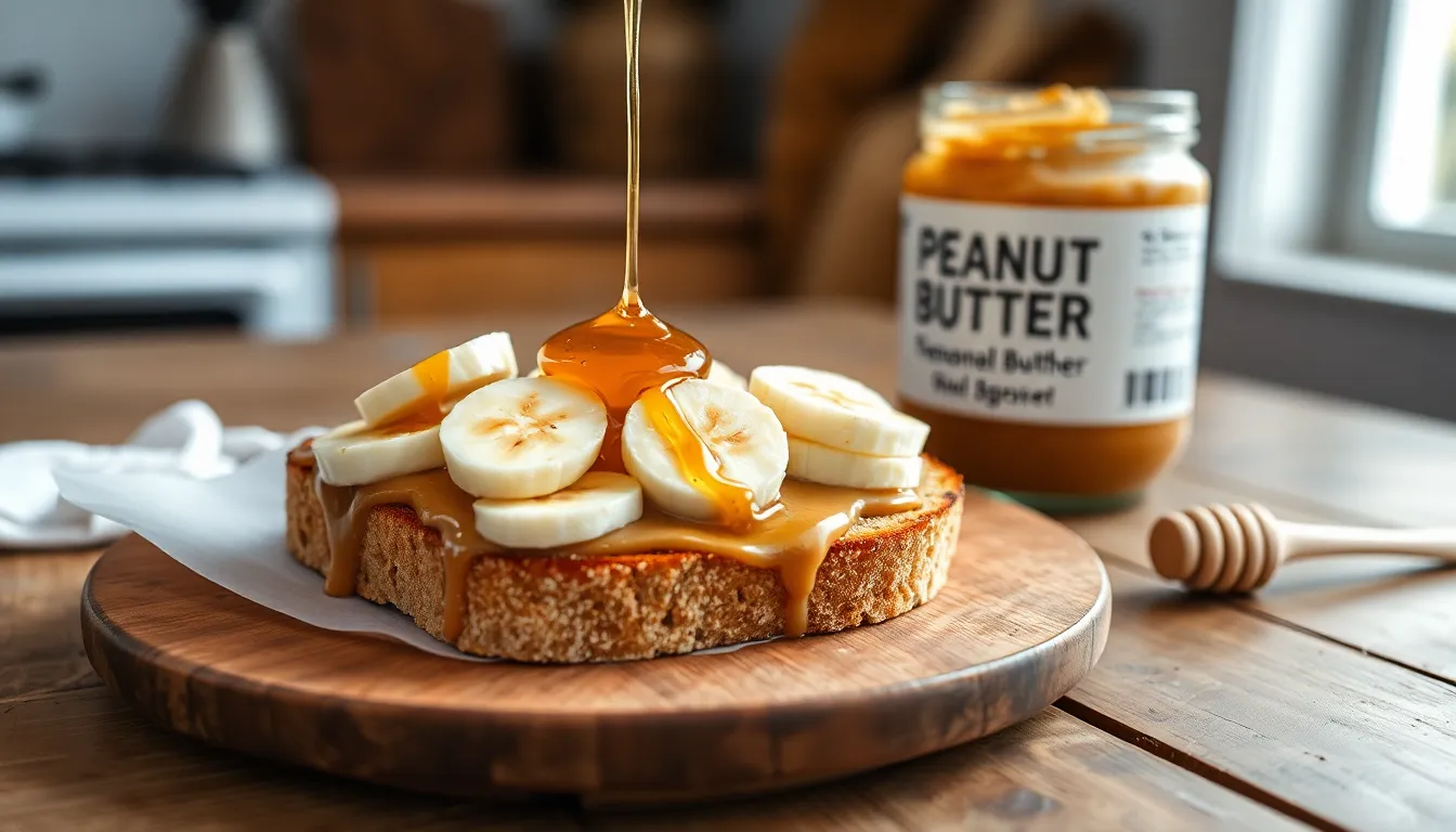 Peanut butter on toast with sliced banana and honey drizzle.