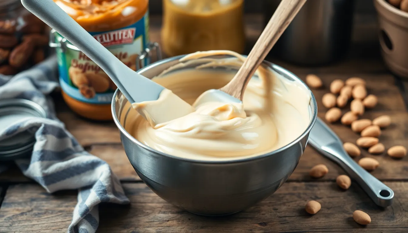 A spatula stirs thick, creamy icing in a metal bowl. Perfect for baking enthusiasts.