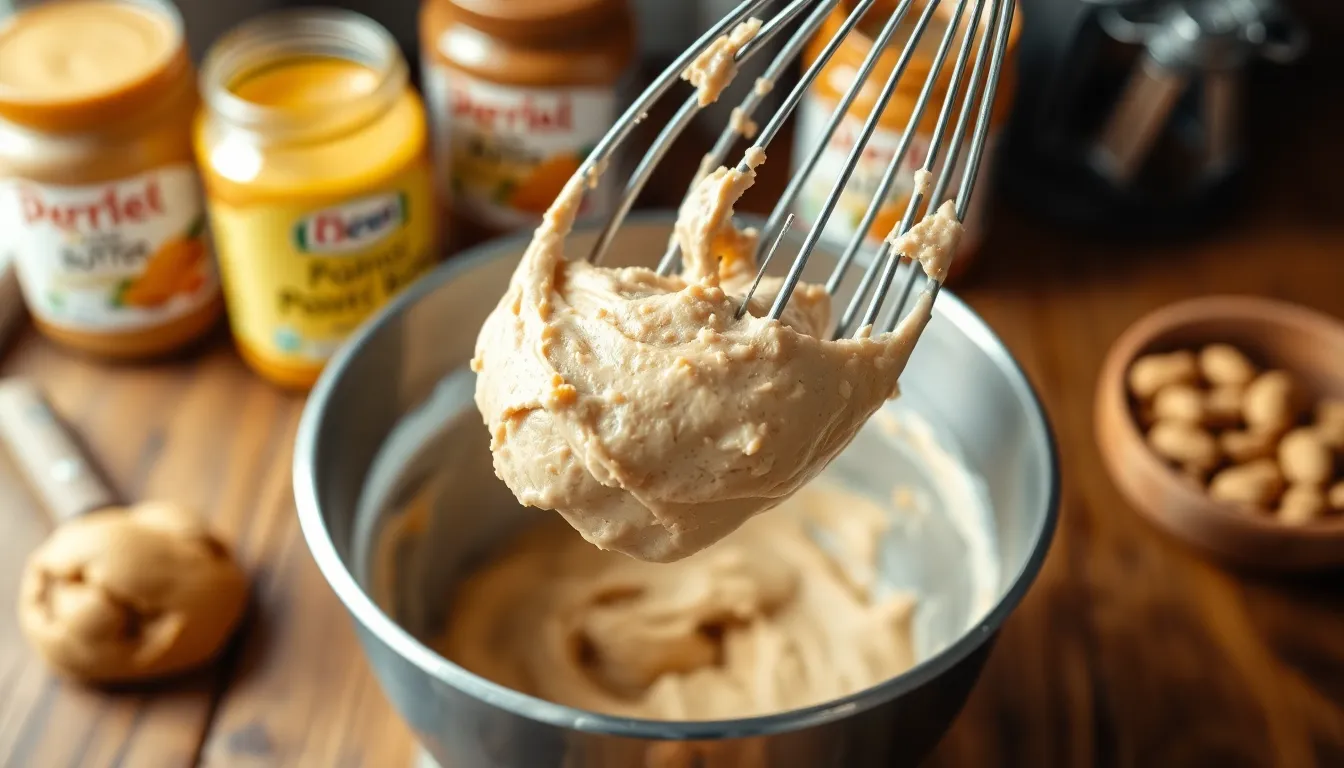 Detailed close-up of a creamy dough mixture on a whisk over a metallic mixing bowl.