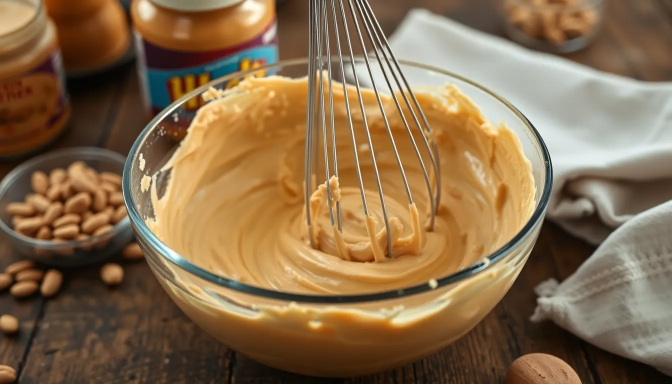 Close-up view of a whisk mixing creamy cake batter in a bowl, highlighting texture.