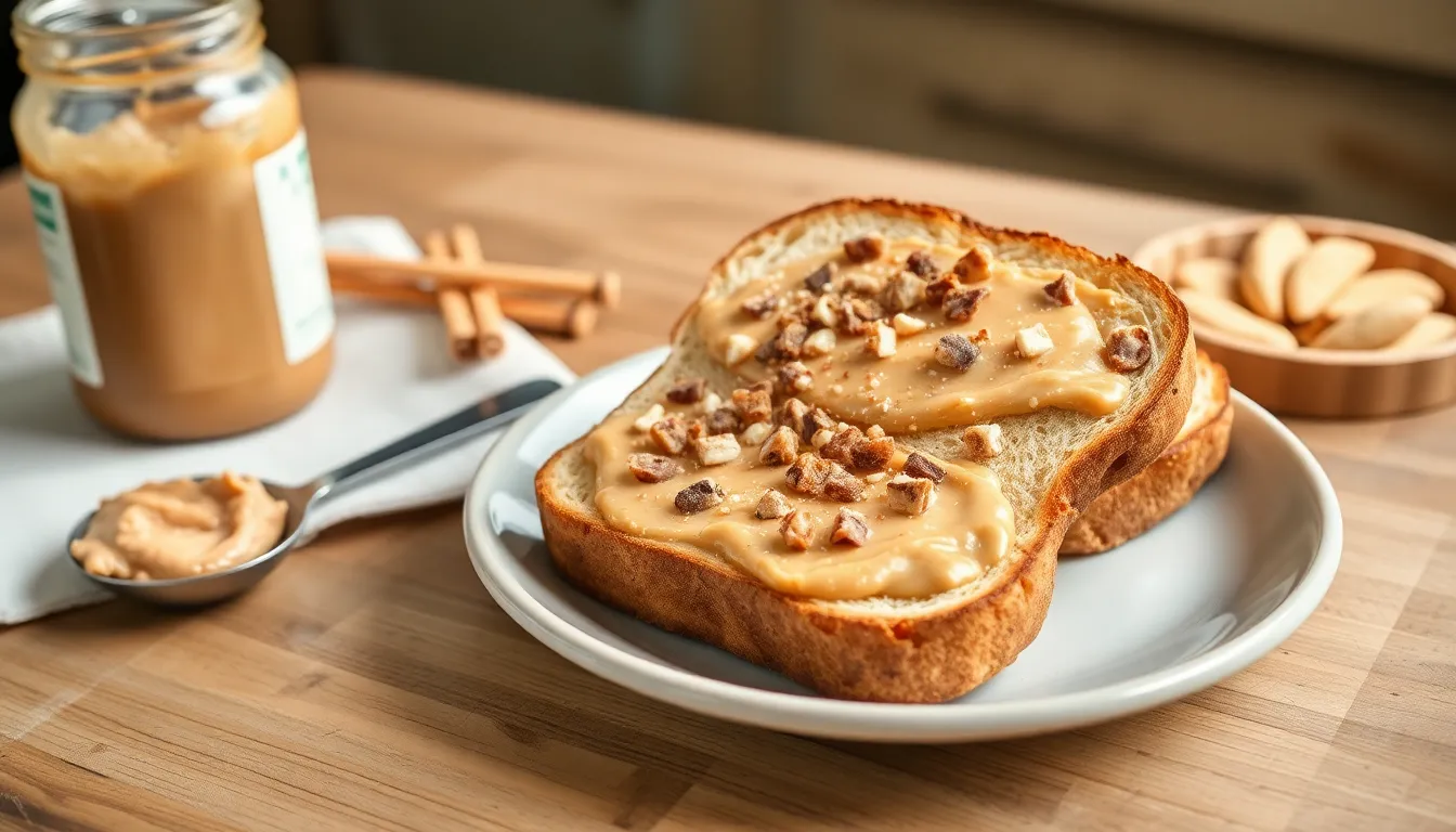 Bread toast with peanut butter spread and toppings on a plate.