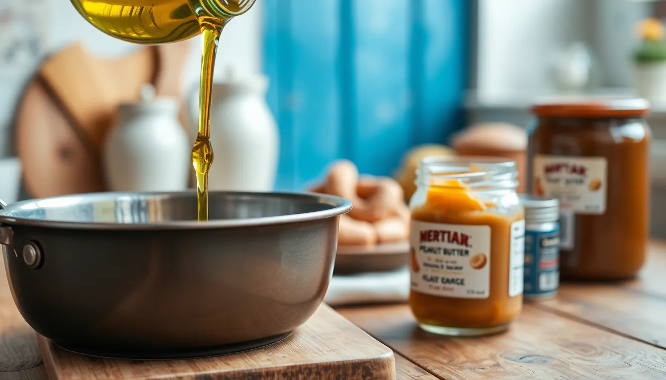 A close-up shot of olive oil being poured into a pan, highlighting healthy cooking.