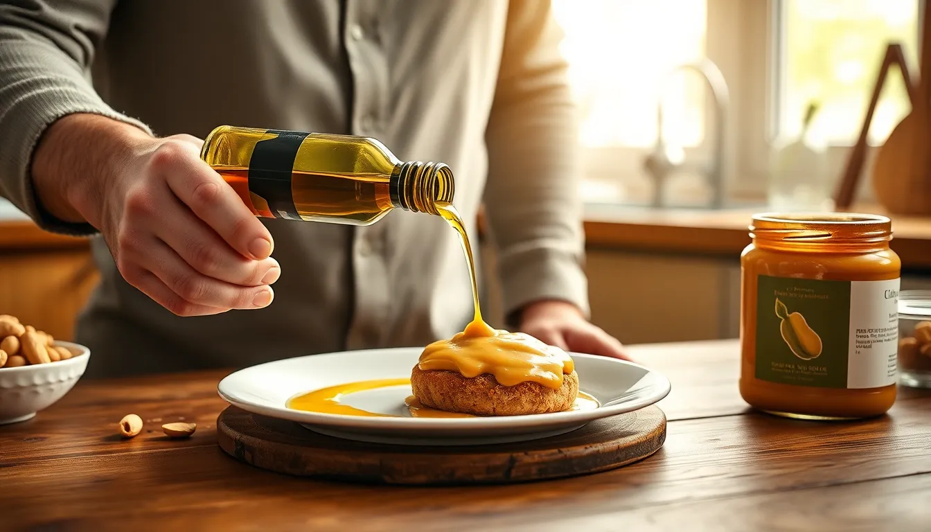 Man pouring olive oil onto a plate indoors, perfect for culinary and healthy eating themes.