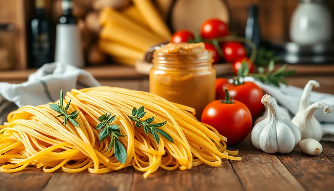 Aromatic Italian ingredients with drying pasta, olive oil, tomatoes, and garlic on a wooden surface.