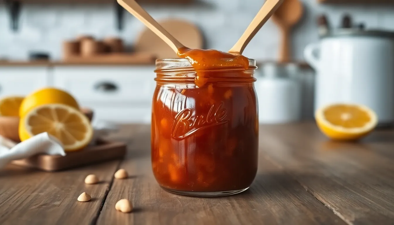 Delicious homemade citrus jam in a jar with a wooden spoon, perfect for breakfast spreads.