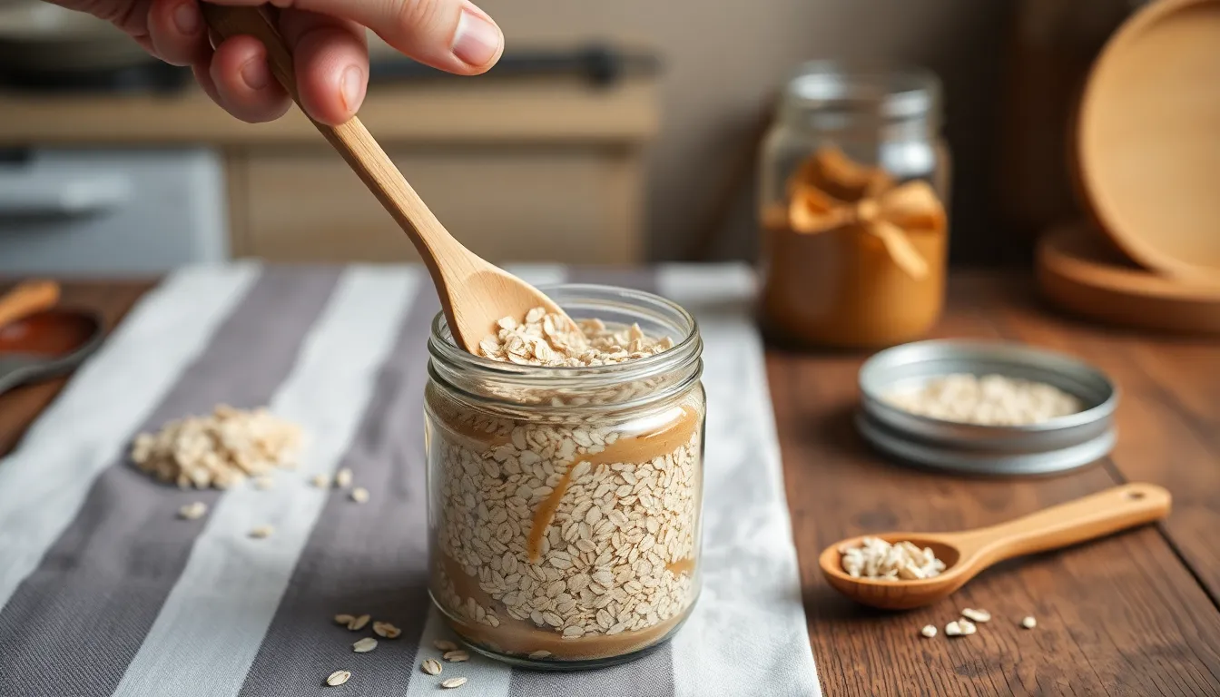 Close-up of a hand scooping oatmeal from a jar on a striped tablecloth with a wooden spoon.