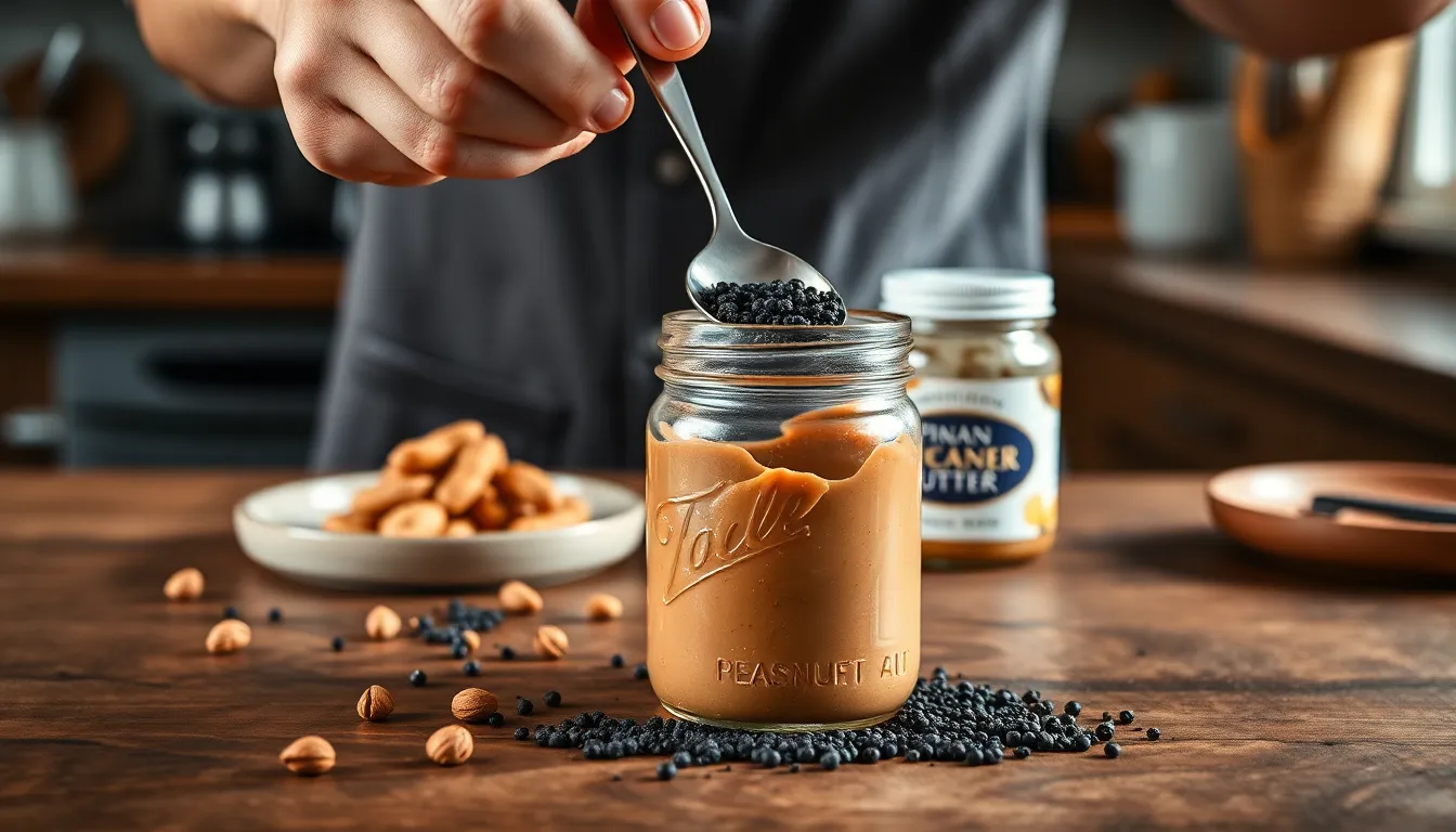 A person scoops black pepper from a jar with a spoon, focusing on seasoning.
