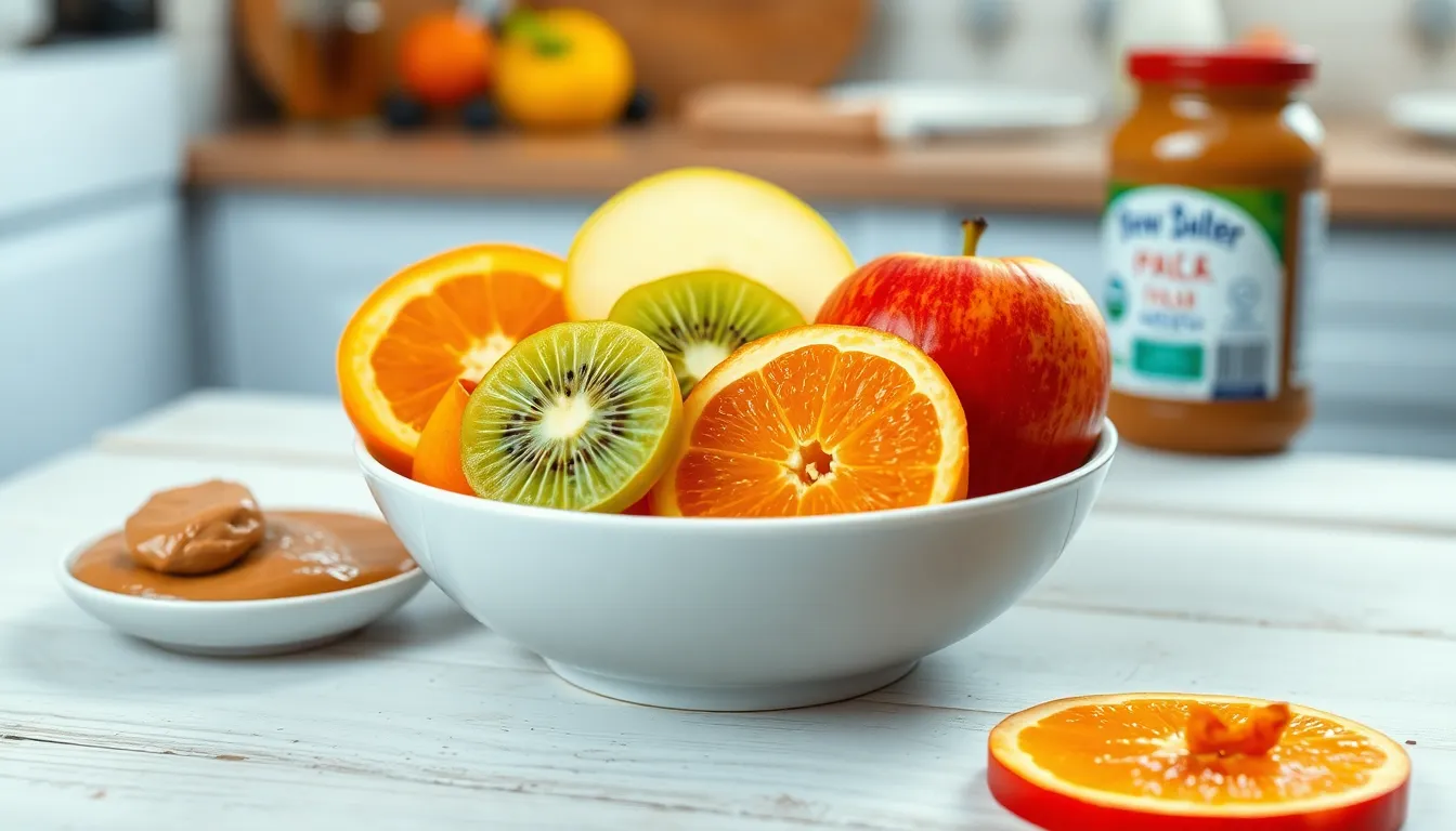 A vibrant bowl of sliced fruits including kiwi, orange, and apple on a white background.