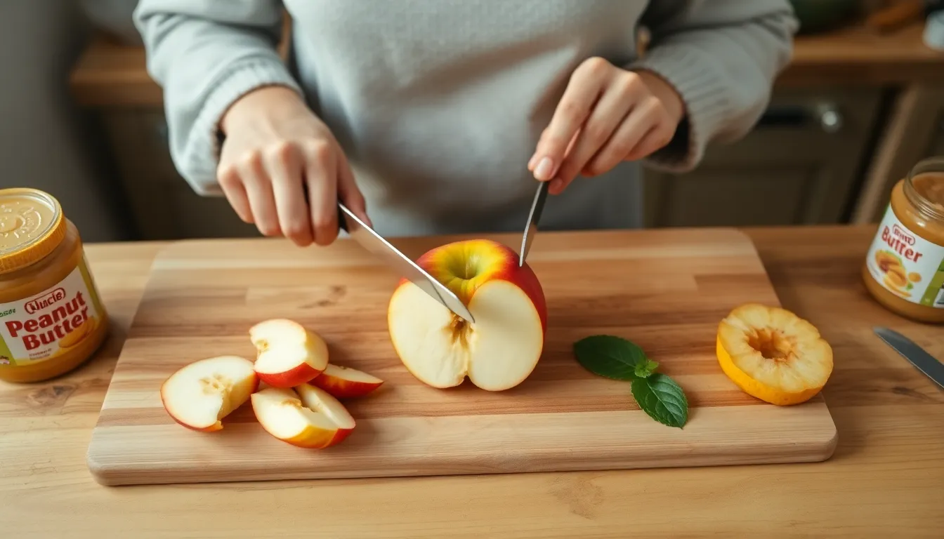 From above of crop faceless female cutting fresh juicy apple with sharp knife on wooden chopping board in kitchen