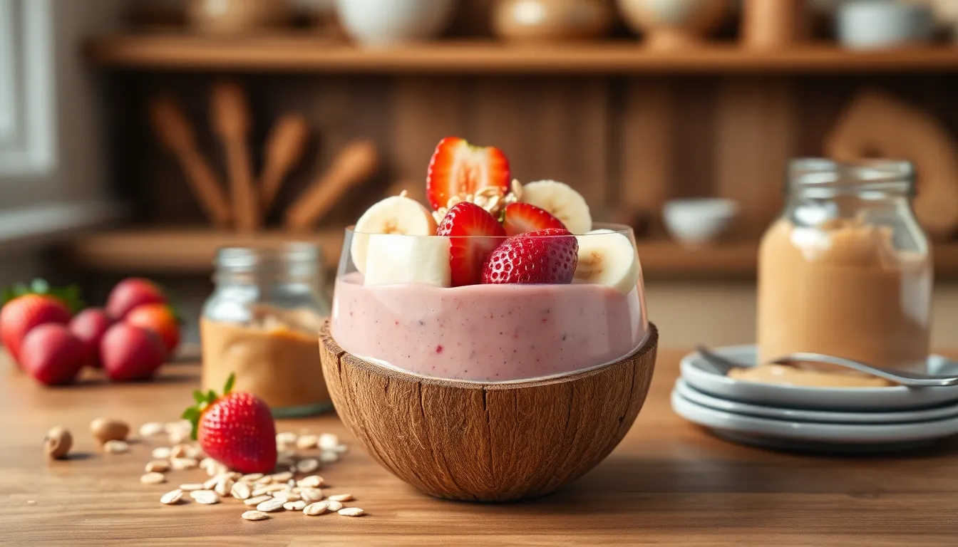 Healthy smoothie bowl topped with strawberries, bananas, oats, and peanut butter in coconut shell.