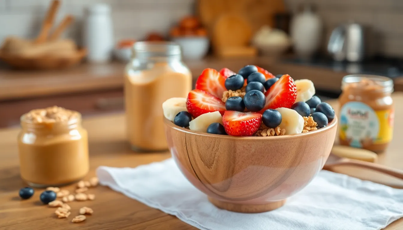 Colorful smoothie bowl topped with fresh strawberries, bananas, blueberries, and granola in a wooden bowl.