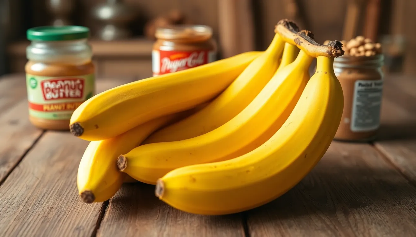 Fresh bananas with peels on a wooden table, showcasing natural ripeness and vibrant yellow color.