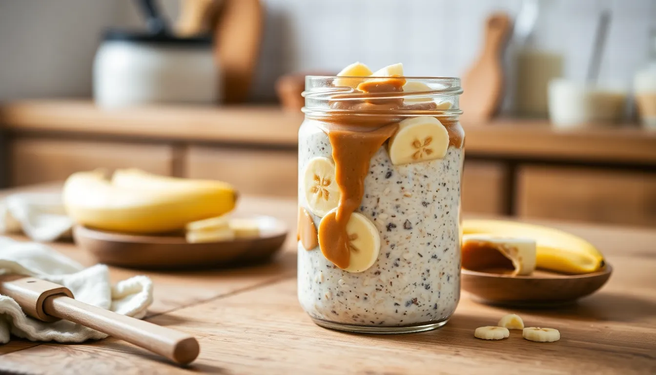 Overnight oats with banana slices and peanut butter in a glass jar, a nutritious breakfast option.