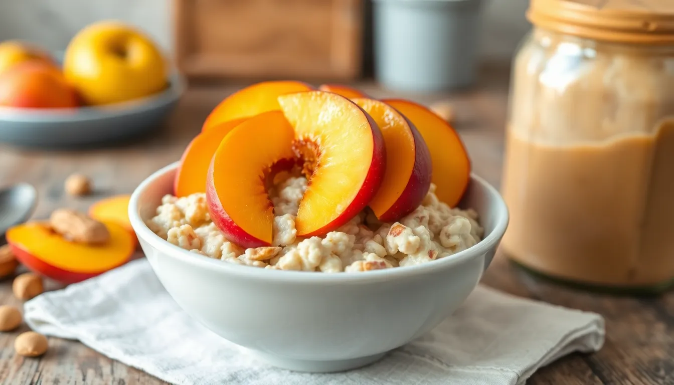A bowl of oatmeal topped with fresh peaches, offering a nutritious breakfast option.